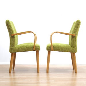 PAIR OF MID CENTURY 1950S BENT WOOD COCKTAIL LOUNGE CHAIRS IN GREEN TWEED