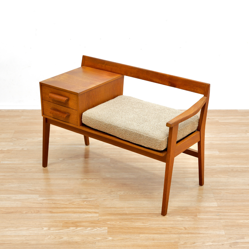 Reserved MID CENTURY ENTRYWAY BENCH IN TEAK & BOUCLE