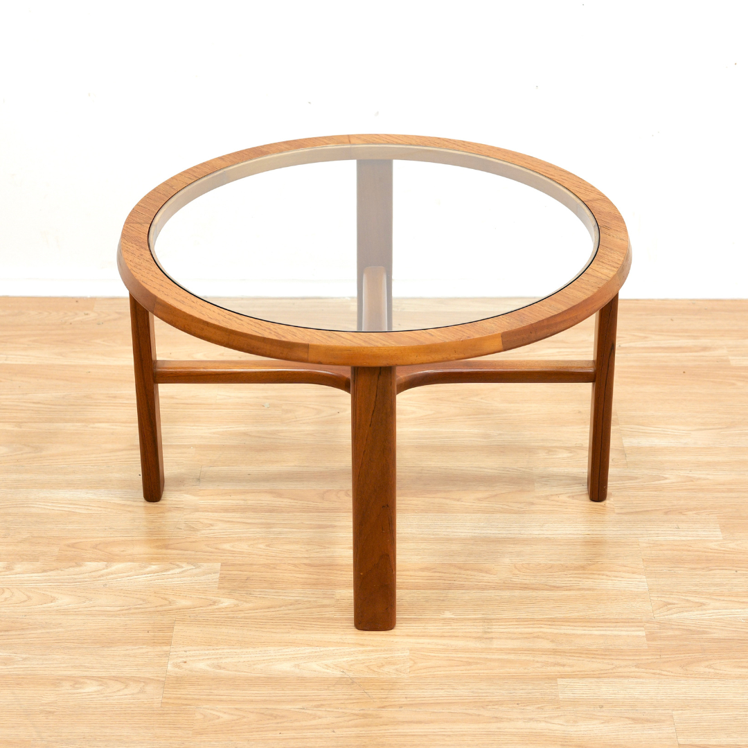 MID CENTURY TEAK AND GLASS ROUND COFFEE TABLE BY STONEHILL