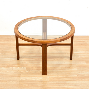 MID CENTURY TEAK AND GLASS ROUND COFFEE TABLE BY STONEHILL