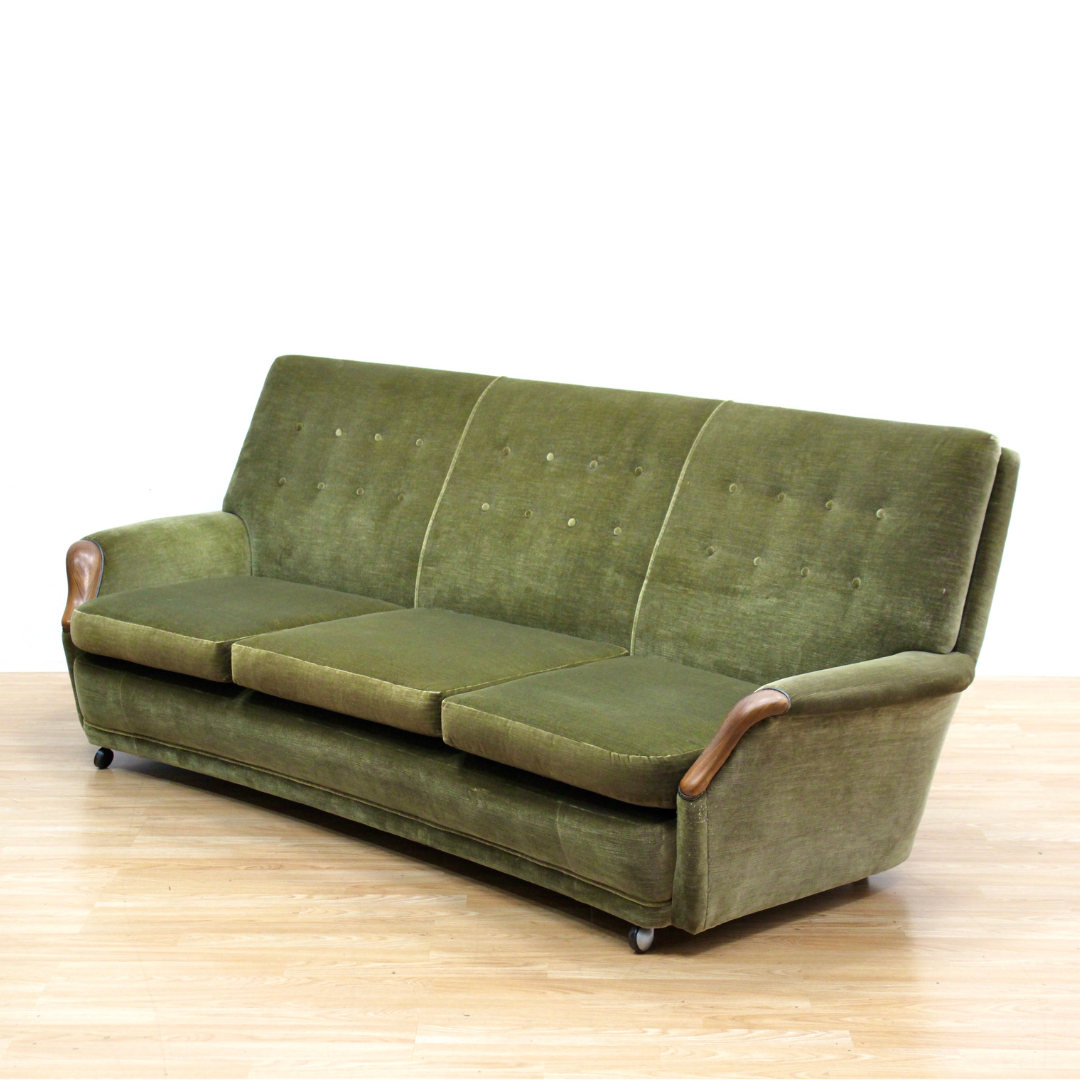 MID CENTURY GREEN VELVET SOFA & CHAIRS BY HEALS OF LONDON