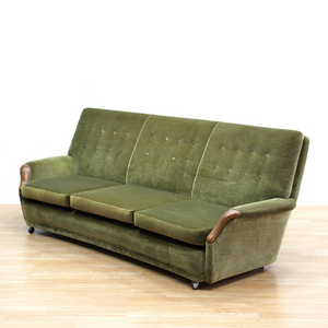 MID CENTURY GREEN VELVET SOFA & CHAIRS BY HEALS OF LONDON