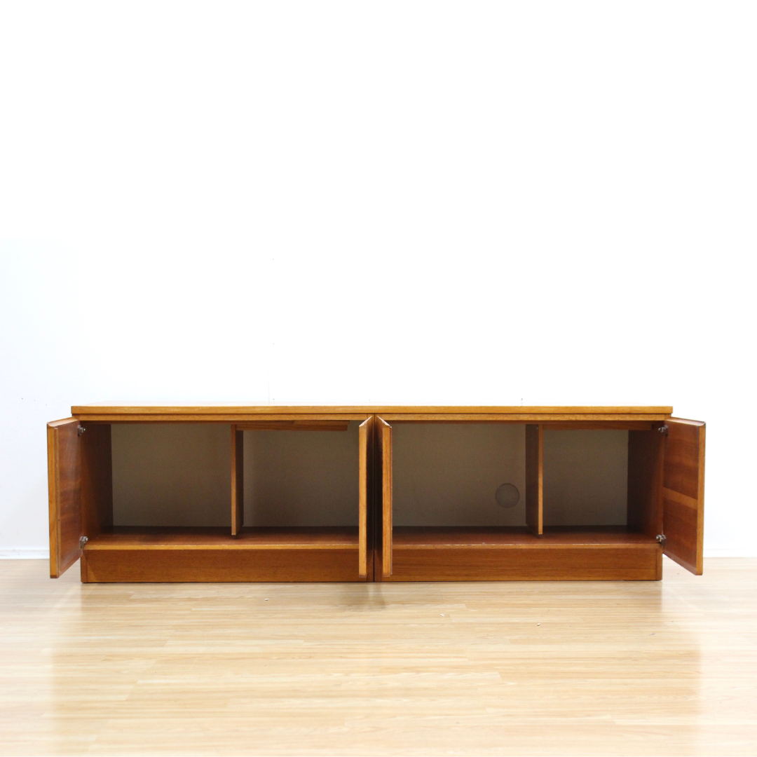 MID CENTURY LOW TEAK VINYL RECORD CREDENZA BY BEAVER & TAPLEY