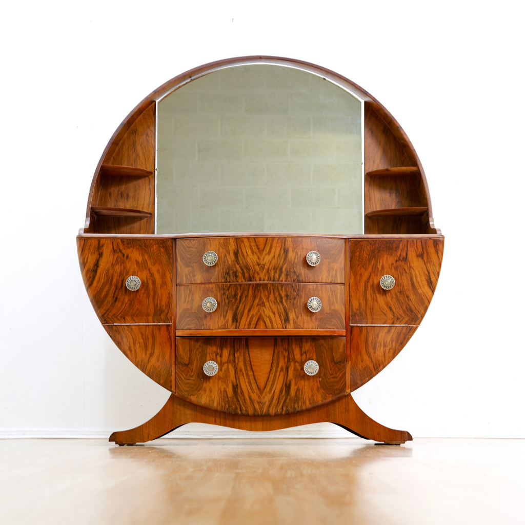 1960S ART DECO REVIVAL WALNUT VANITY DRESSER AND MIRROR