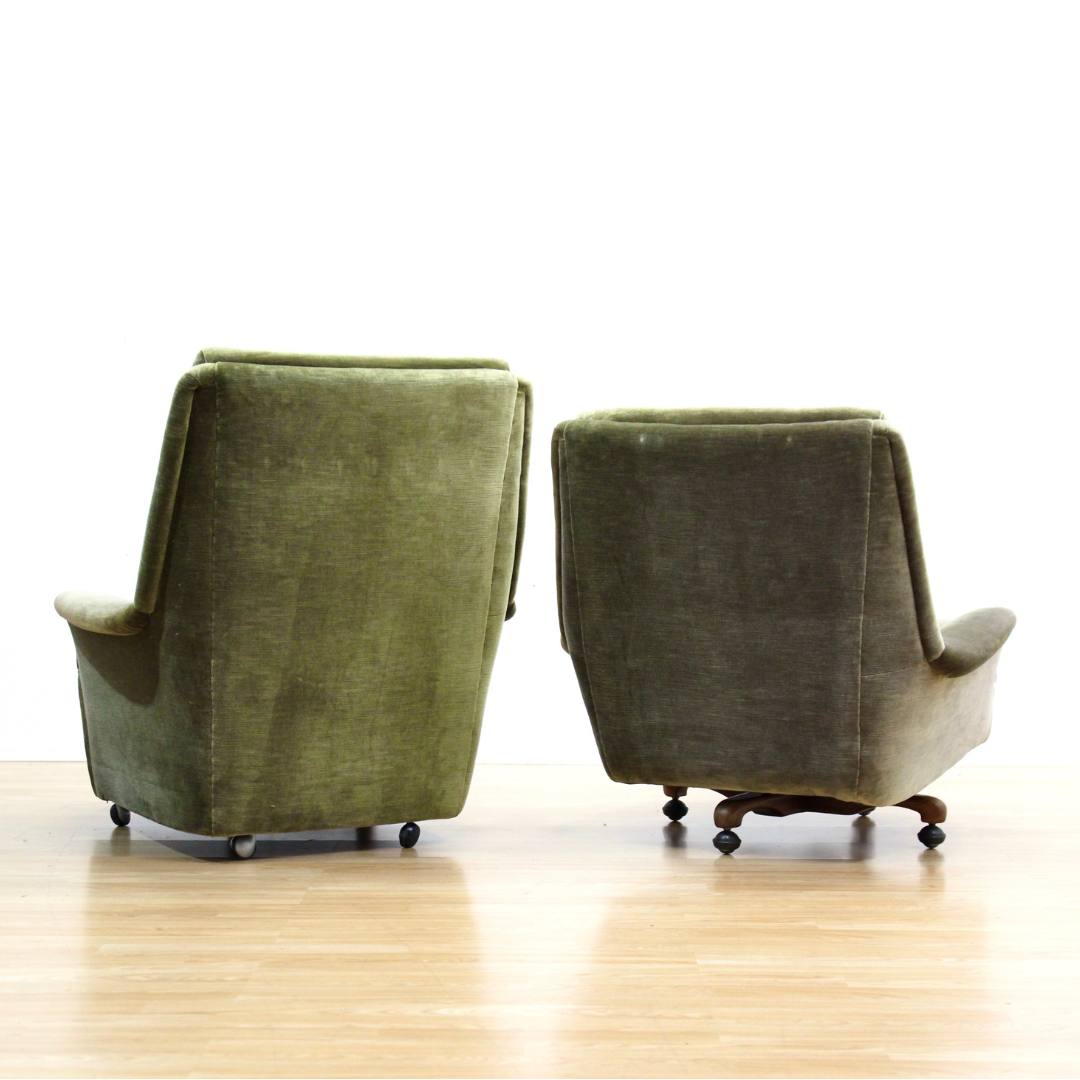 MID CENTURY GREEN VELVET SOFA & CHAIRS BY HEALS OF LONDON