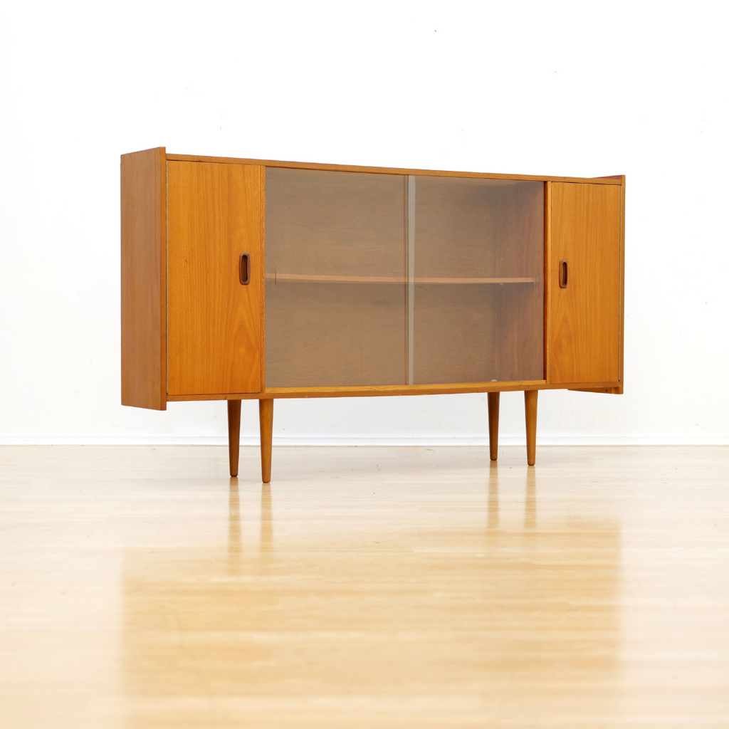 SLIM MID CENTURY TEAK CHINA DISPLAY CABINET SIDEBOARD