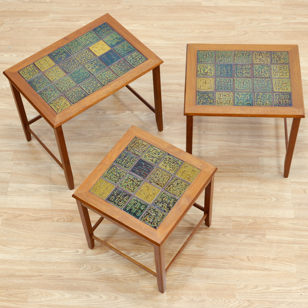 DANISH MODERN TEAK & TILE TOP NESTING  TABLES