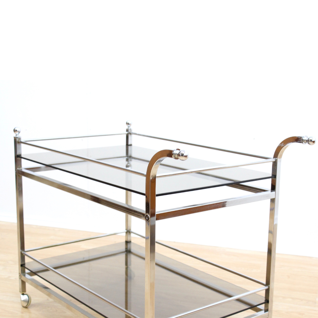 VINTAGE 1970S CHROME & SMOKED GLASS BAR CART BY MERROW ASSOCIATES