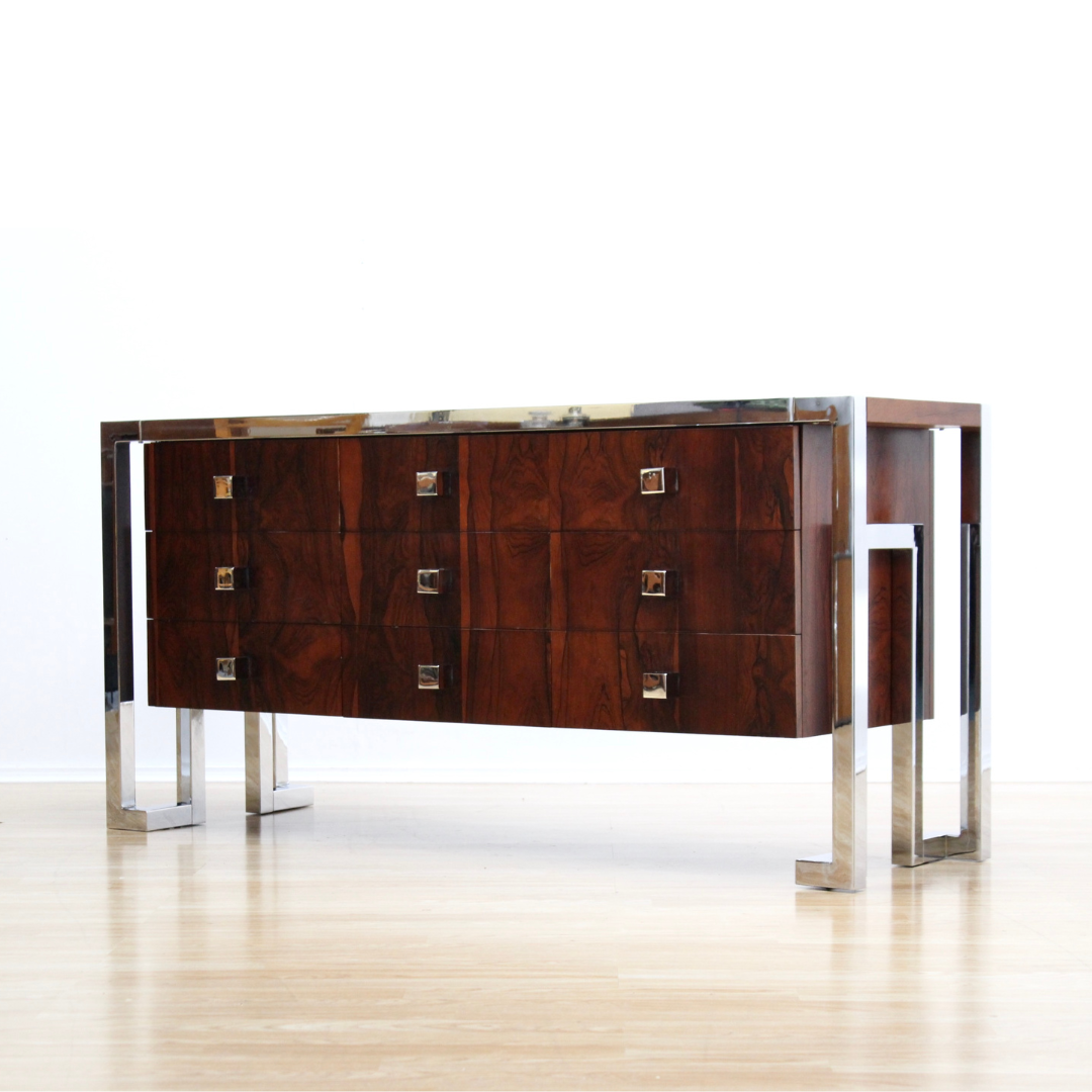 VINTAGE BRITISH ROSEWOOD & CHROME DRESSER CREDENZA BY TIM BATES FOR PIEFF FURNITURE