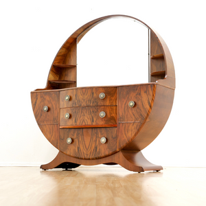 1960S ART DECO REVIVAL WALNUT VANITY DRESSER AND MIRROR