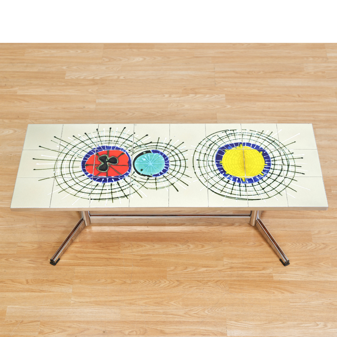 MID CENTURY CHROME & TILE COFFEE TABLE BY JULIETTE BELARTI