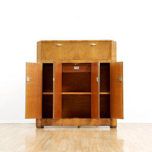 1930S ENGLISH ART DECO WALNUT BURL DRY BAR LIQUOR CABINET