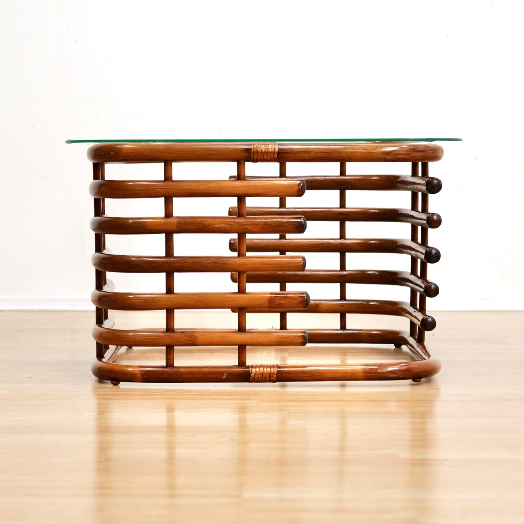 VINTAGE 1970S BENT BAMBOO RATTAN & GLASS COFFEE TABLE