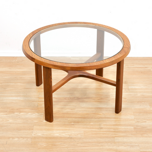 MID CENTURY TEAK AND GLASS ROUND COFFEE TABLE BY STONEHILL