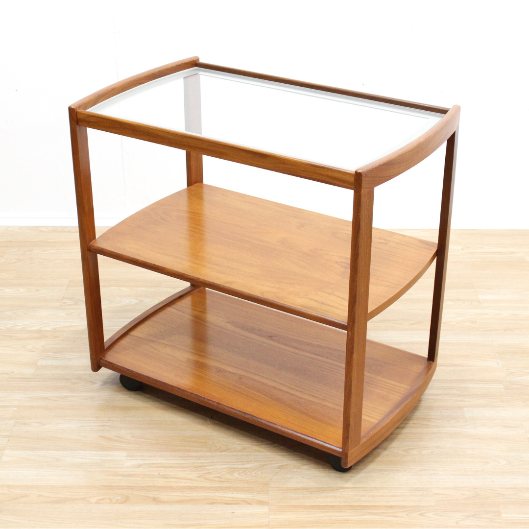 MID CENTURY BAR CART IN TEAK & GLASS