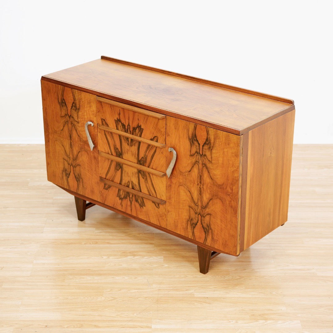 1930S ENGLISH ART DECO MATCHBOOK GRAIN BUFFET CREDENZA BY FARLOW