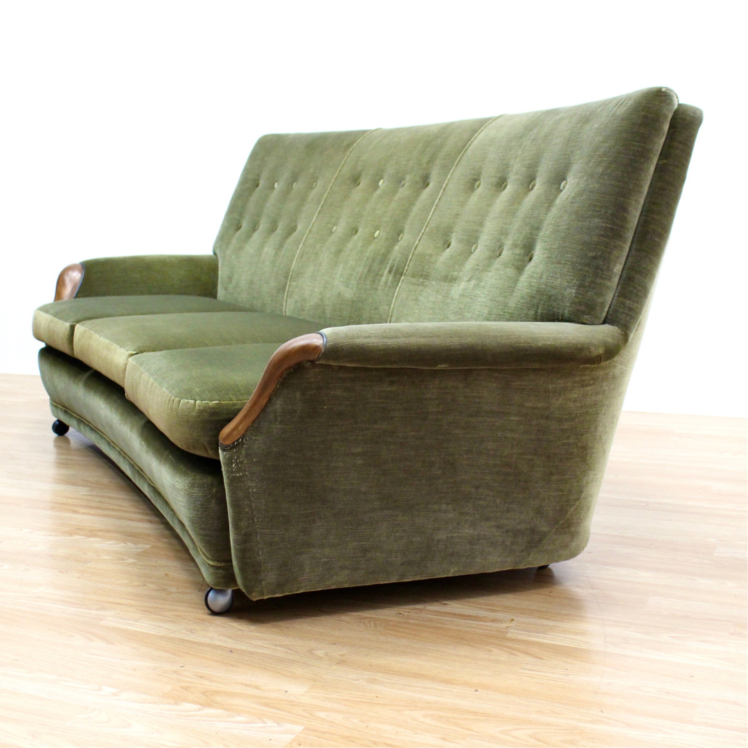 MID CENTURY GREEN VELVET SOFA & CHAIRS BY HEALS OF LONDON