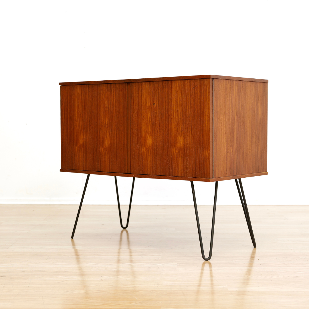 MID CENTURY TEAK VINYL RECORD STORAGE CABINET ON HAIRPIN LEGS