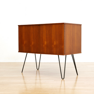 MID CENTURY TEAK VINYL RECORD STORAGE CABINET ON HAIRPIN LEGS