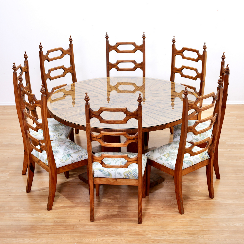 1970S HAND CARVED BRUTALIST DINING TABLE & CHAIRS BY AQUARIUS ENTERPISES SOUTH AFRICA