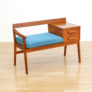 MID CENTURY ENTRYWAY BENCH IN TEAK & BLUE