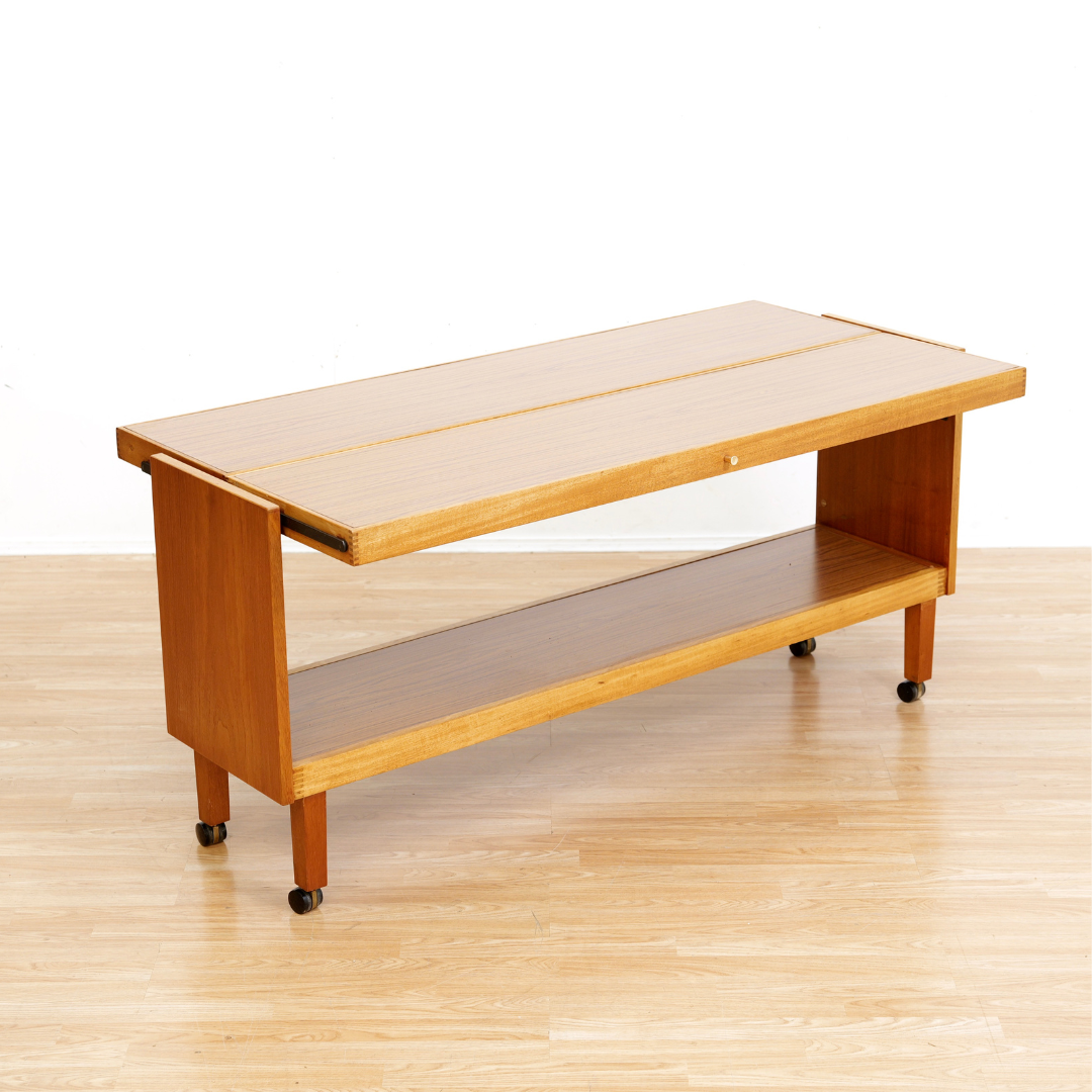 LARGE MID CENTURY MECHANICAL BAR CART FOLDING CONSOLE TABLE