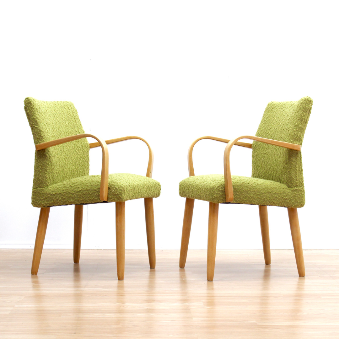 PAIR OF MID CENTURY 1950S BENT WOOD COCKTAIL LOUNGE CHAIRS IN GREEN TWEED