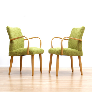 PAIR OF MID CENTURY 1950S BENT WOOD COCKTAIL LOUNGE CHAIRS IN GREEN TWEED