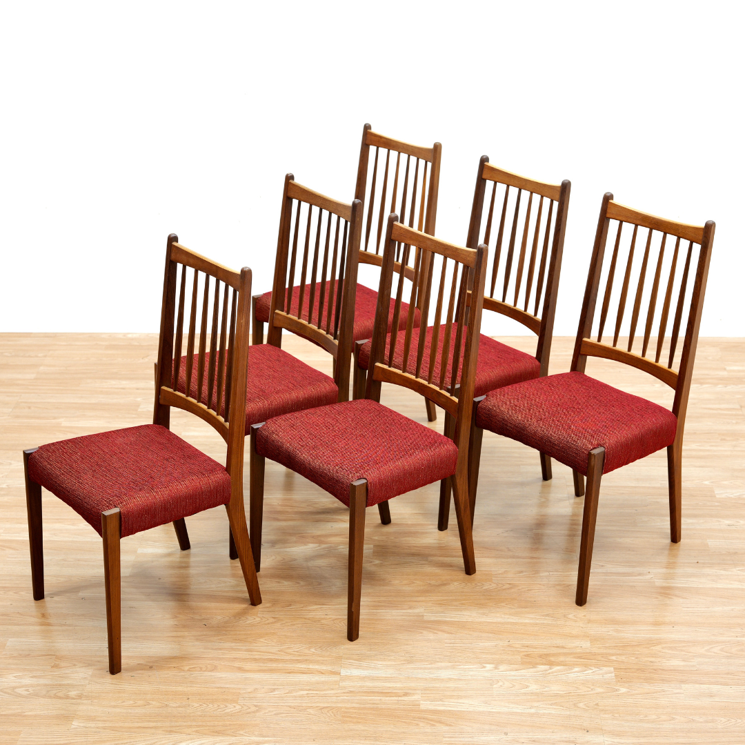 SET OF SIX DANISH MODERN DINING CHAIRS IN TEAK & RED