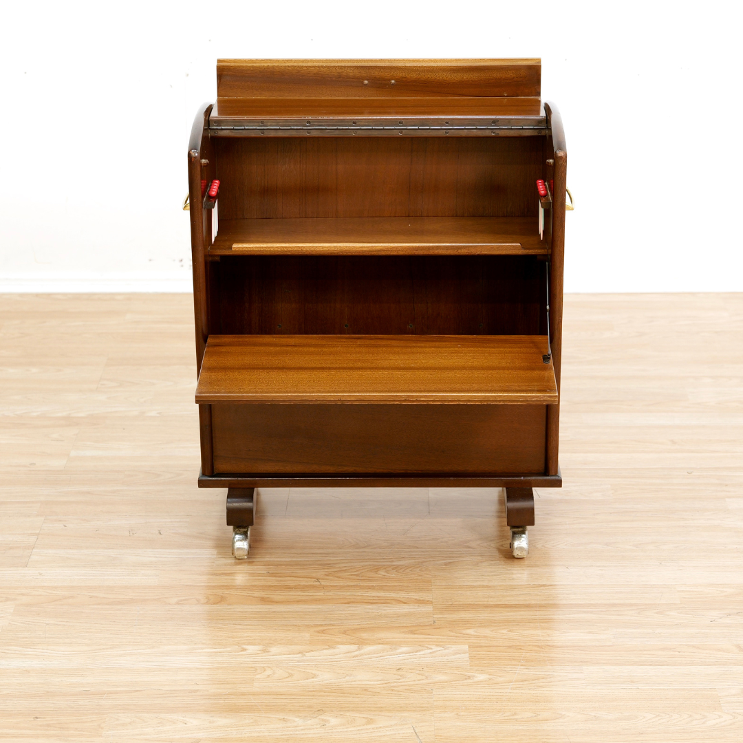 MID CENTURY ENCLOSED PORTABLE BAR CART ON WHEELS