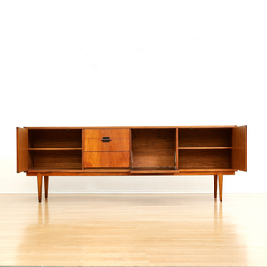 MID CENTURY TEAK CORINTHIAN CREDENZA BY NATHAN FURNITURE