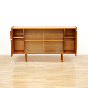 SLIM MID CENTURY TEAK CHINA DISPLAY CABINET SIDEBOARD