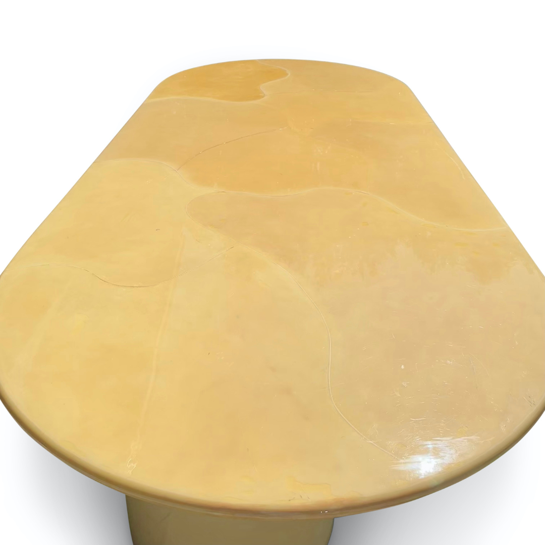 POSTMODERN 1980S KARL SPRINGER GOATSKIN CONFERENCE DINING TABLE OVAL KNIFE EDGE TOP DUAL DEMILUNE PEDESTAL BASE