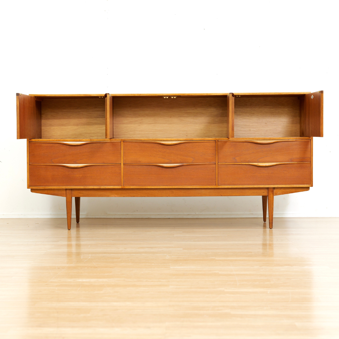 MID CENTURY TEAK CREDENZA BUFFET BY SUTCLIFFE OF TODMORDEN