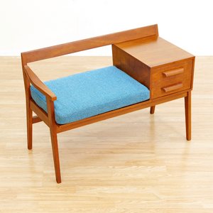 MID CENTURY ENTRYWAY BENCH IN TEAK & BLUE