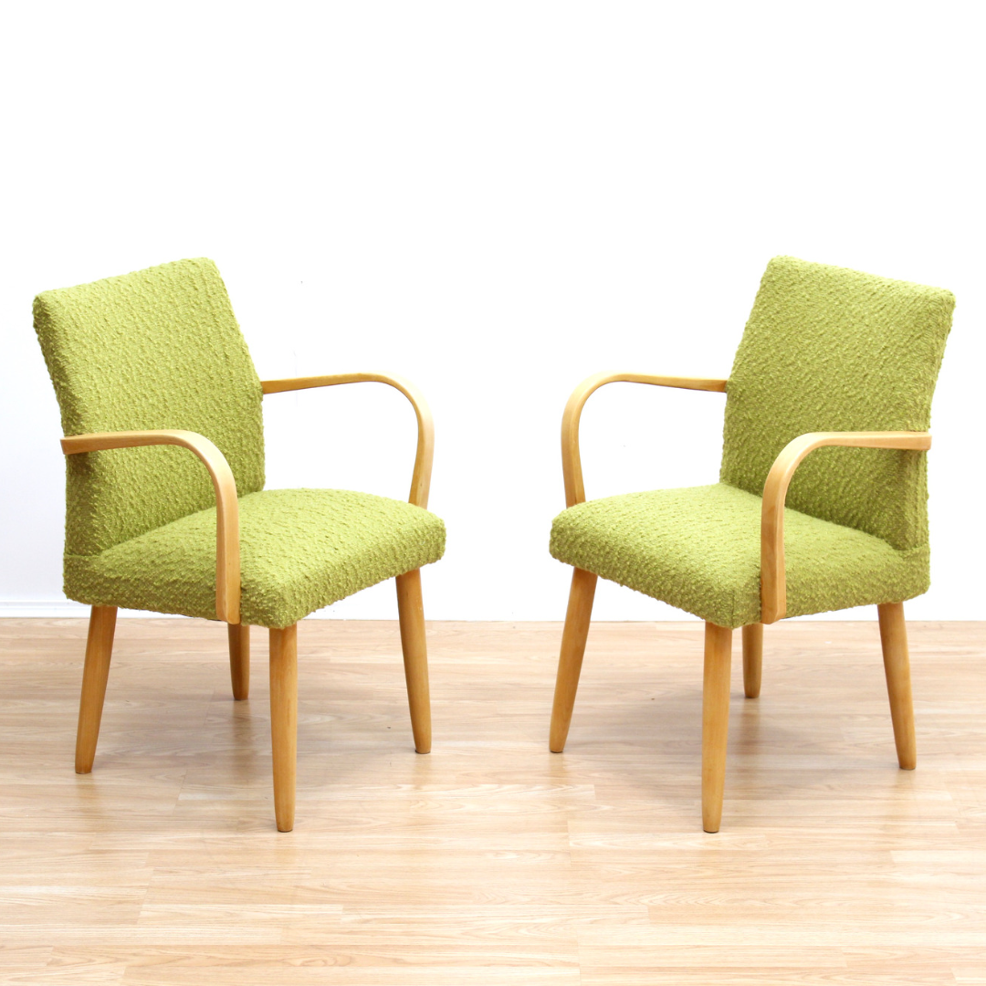 PAIR OF MID CENTURY 1950S BENT WOOD COCKTAIL LOUNGE CHAIRS IN GREEN TWEED
