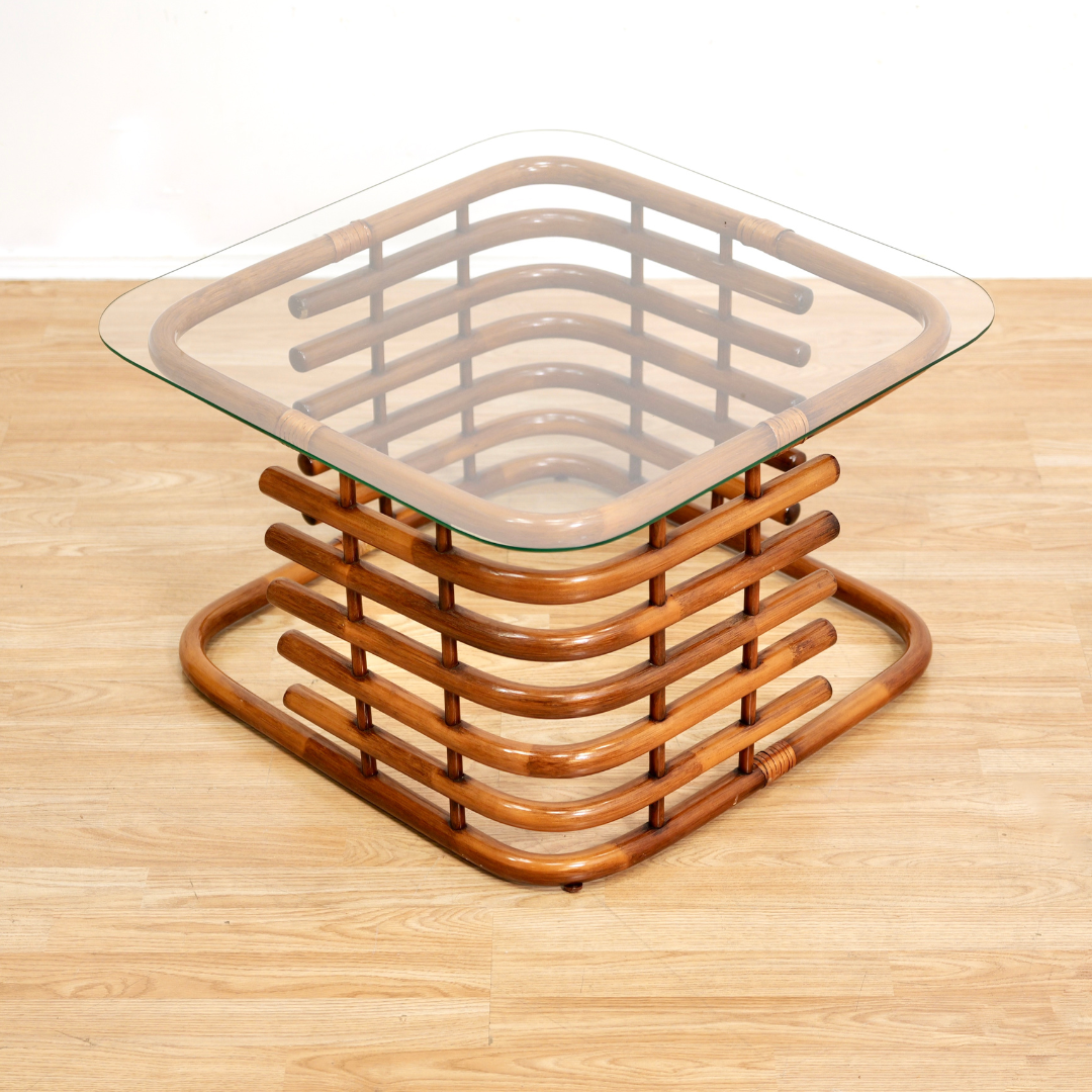 VINTAGE 1970S BENT BAMBOO RATTAN & GLASS COFFEE TABLE