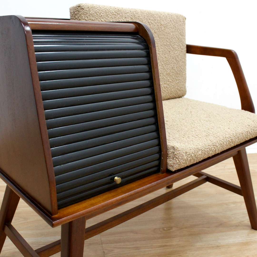 MID CENTURY WALNUT ENTRYWAY BENCH IN BISCUIT BOUCLE