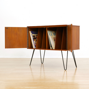 MID CENTURY TEAK VINYL RECORD STORAGE CABINET ON HAIRPIN LEGS