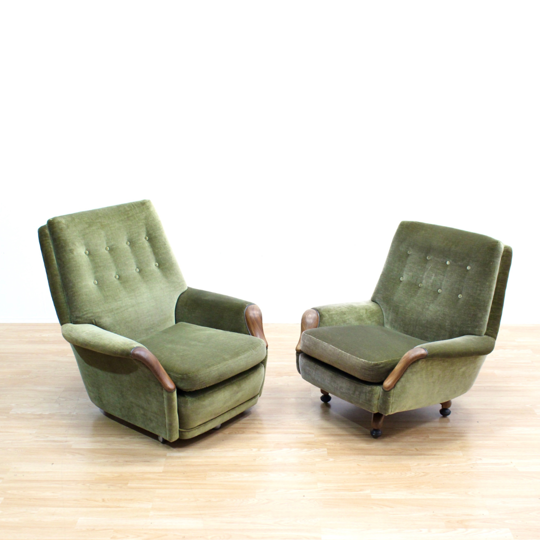 MID CENTURY GREEN VELVET SOFA & CHAIRS BY HEALS OF LONDON