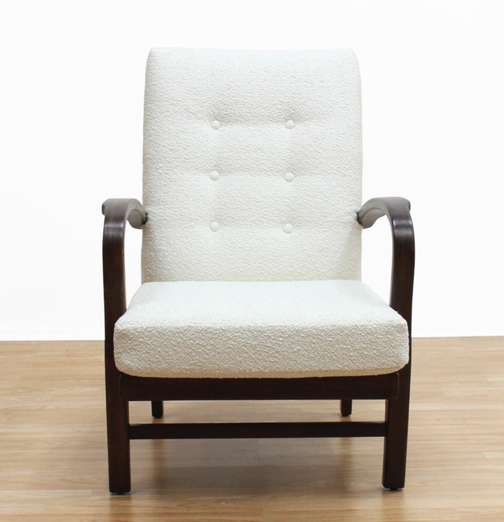 VINTAGE OAK 1940S BENTWOOD ARM CHAIR IN BOUCLE