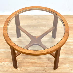 MID CENTURY TEAK AND GLASS ROUND COFFEE TABLE BY STONEHILL