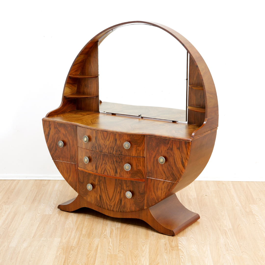 1960S ART DECO REVIVAL WALNUT VANITY DRESSER AND MIRROR