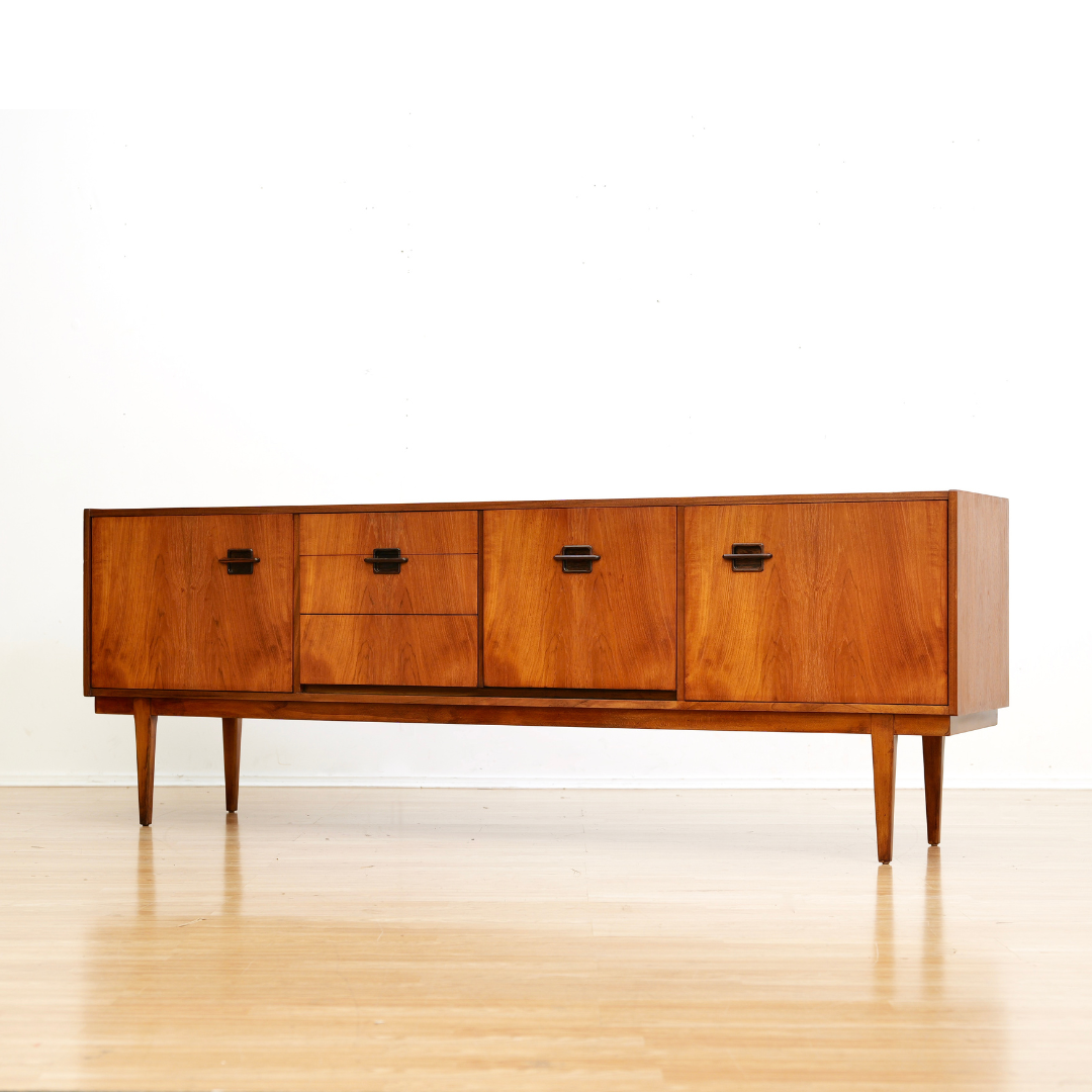 MID CENTURY TEAK CORINTHIAN CREDENZA BY NATHAN FURNITURE