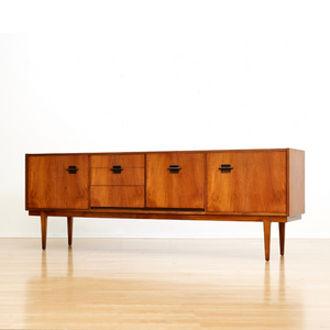 MID CENTURY TEAK CORINTHIAN CREDENZA BY NATHAN FURNITURE