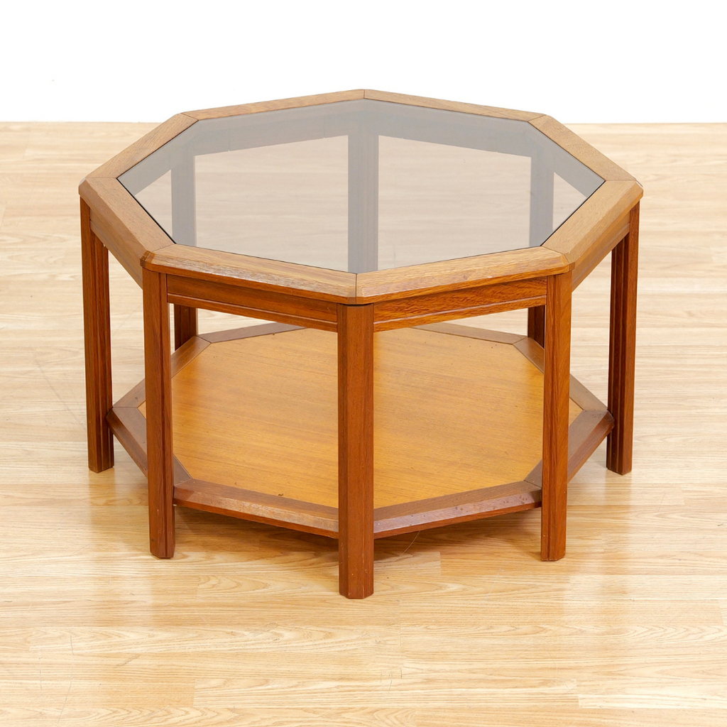 MID CENTURY TEAK & GLASS OCTAGONAL COFFEE SIDE TABLE