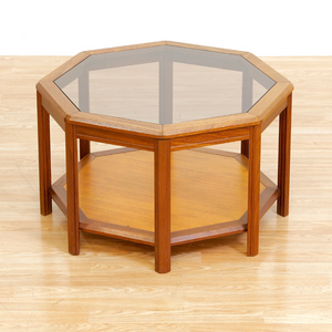 MID CENTURY TEAK & GLASS OCTAGONAL COFFEE SIDE TABLE