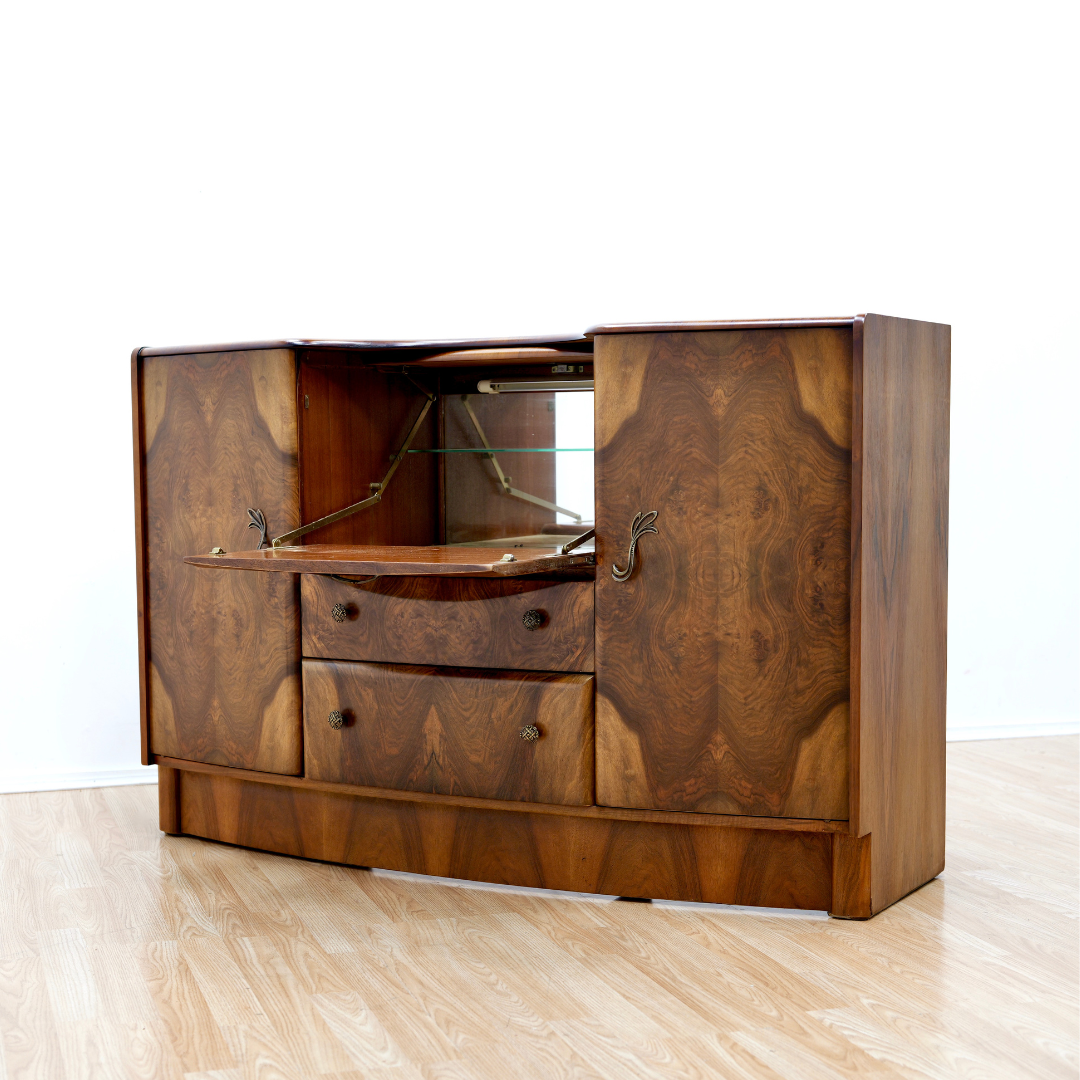 1950s WALNUT COCKTAIL CABINET CREDENZA BY BEAUTILITY FURNITURE