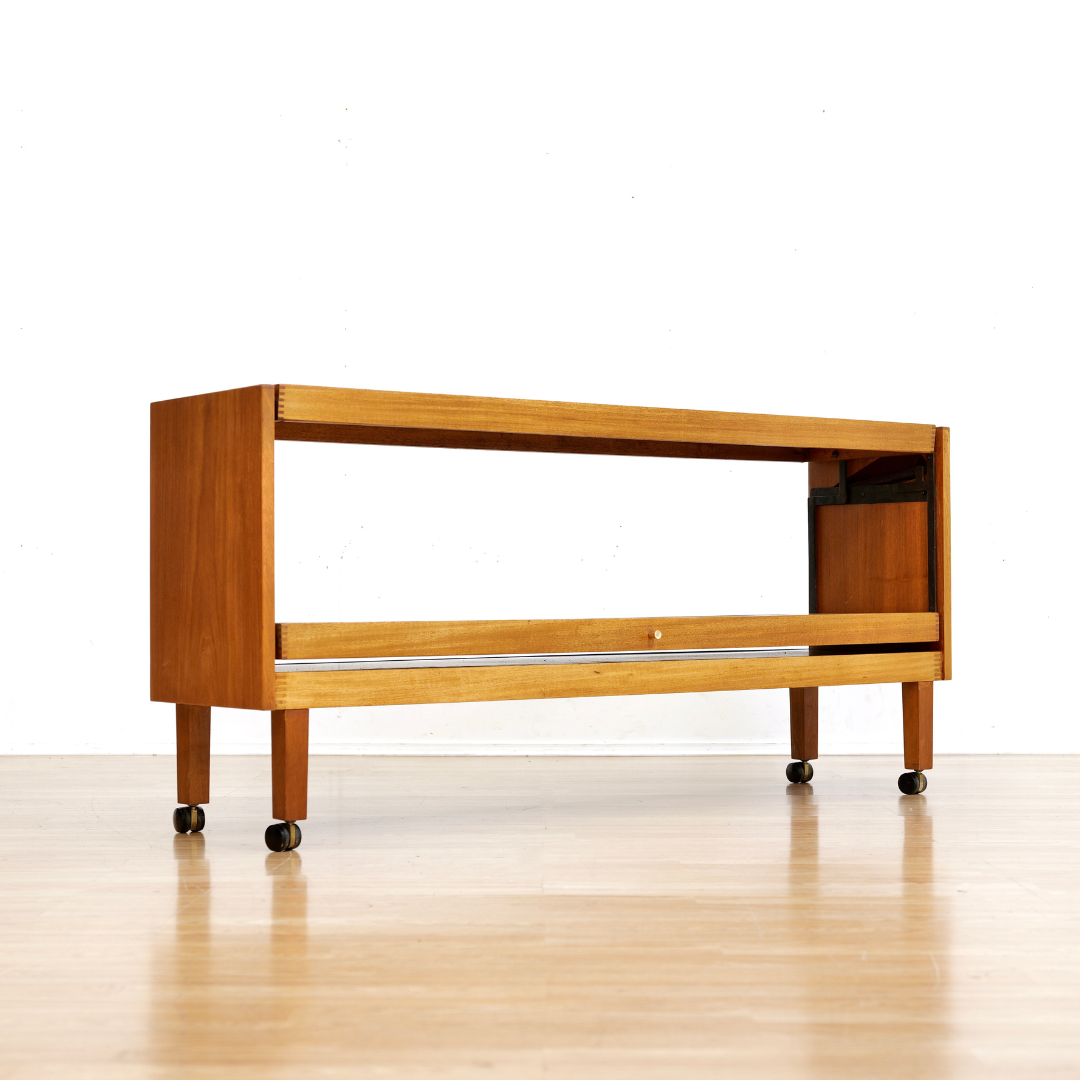 LARGE MID CENTURY MECHANICAL BAR CART FOLDING CONSOLE TABLE