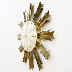 MID CENTURY BRASS SUNBURST WALL CLOCK